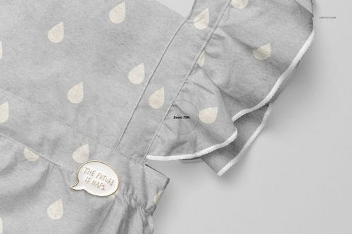 Close-up front view of a baby romper mockup with light gray fabric, white raindrop pattern, and ruffled sleeves.