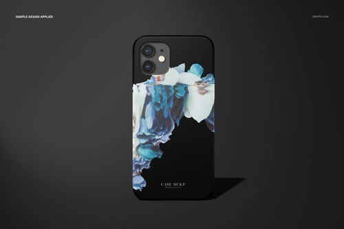 Front view of iPhone 12 matte snap case mockup featuring a blue and white floral design on a black surface.