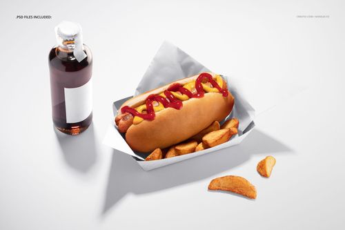 Front view of a hot dog in a white food safe paper mockup tray, accompanied by potato wedges and a drink bottle.