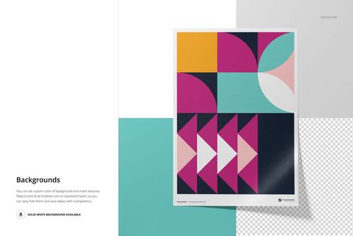 A3 fine art print mockup with geometric abstract design in yellow, teal, pink, and navy, shown on a white surface.