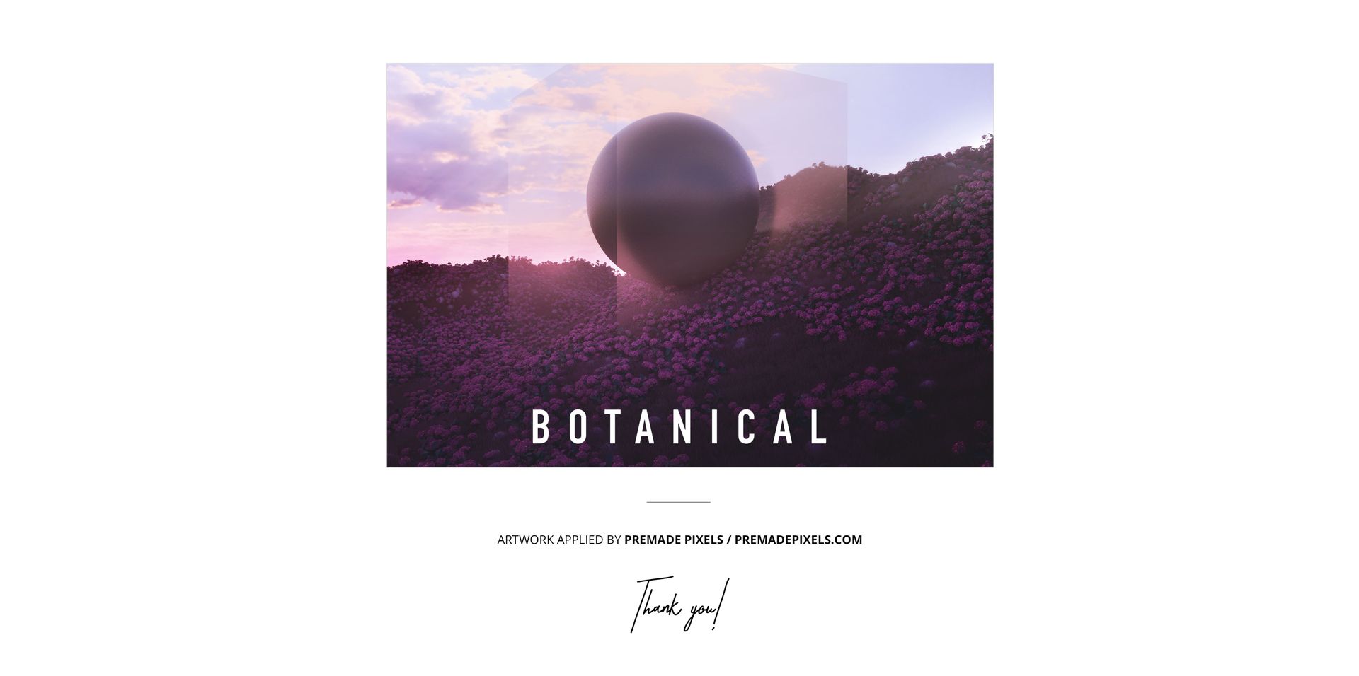 Front view of a vinyl record album cover mockup featuring a surreal botanical landscape with a large sphere at sunset.