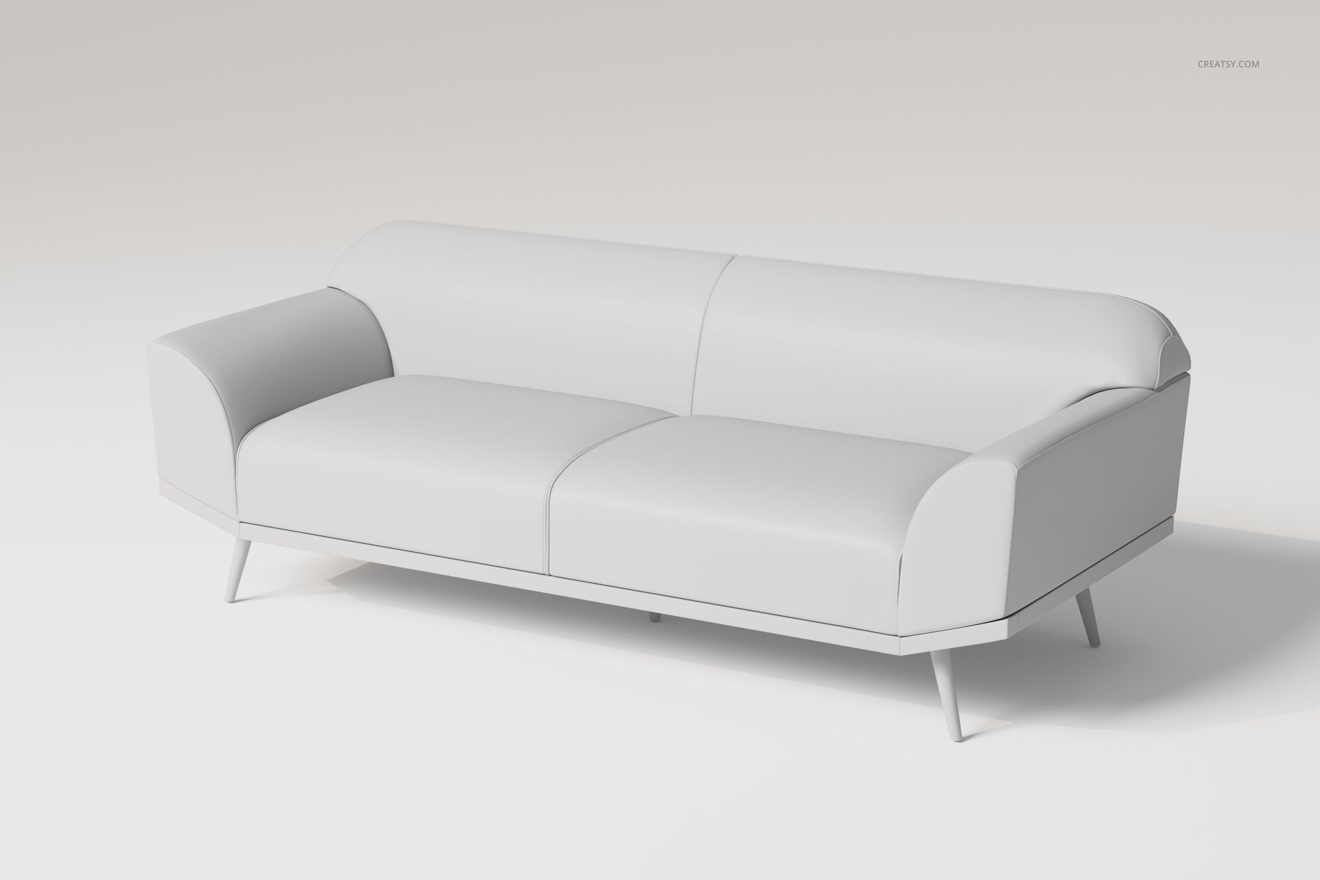 Curved arm sofa in a minimalist style, shown from a front angle on a plain light background with soft shadows.