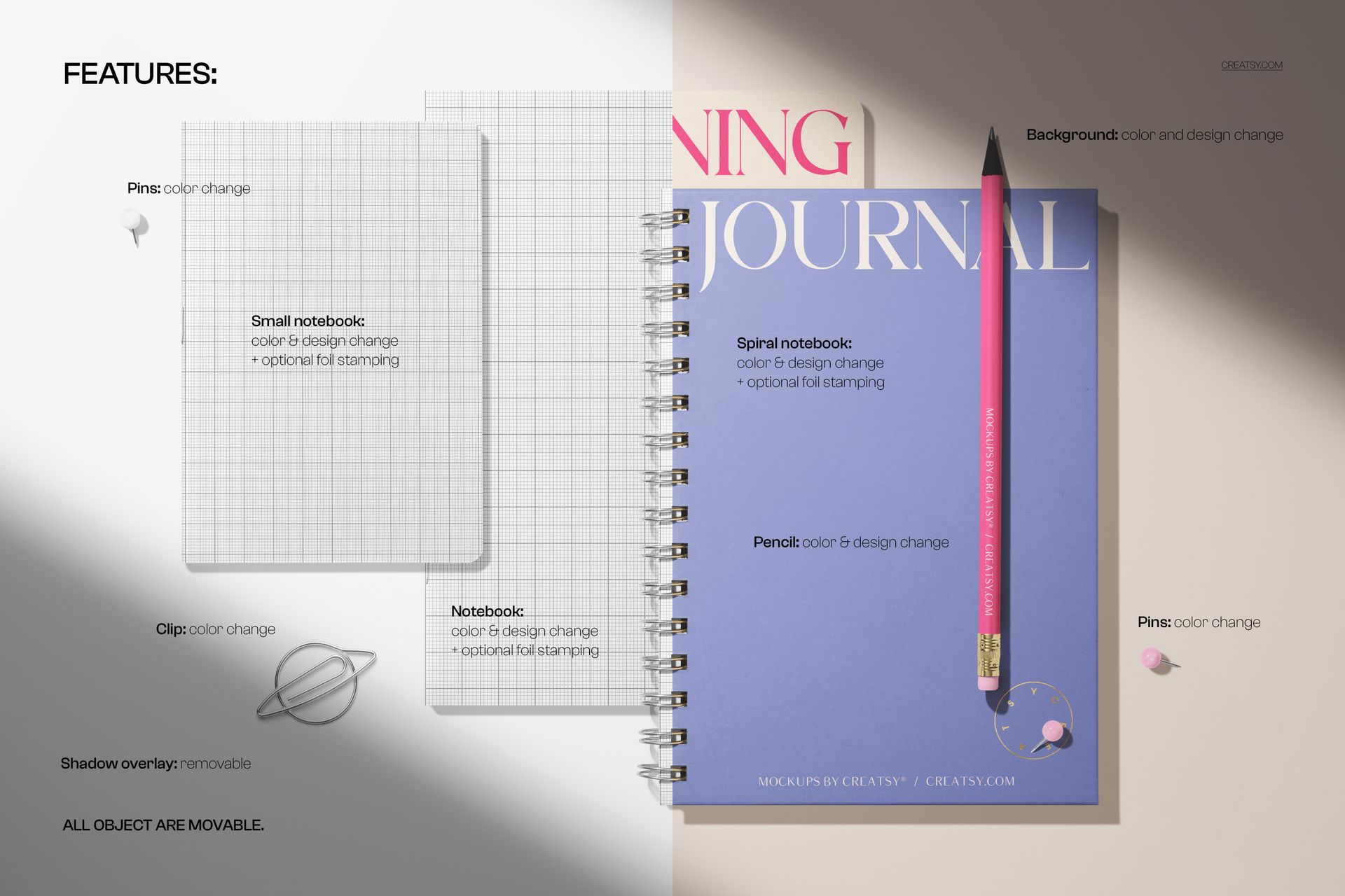 Softcover notebooks and spiral journal mockup featuring grid and solid covers, shown from a top view with a pencil and clips.