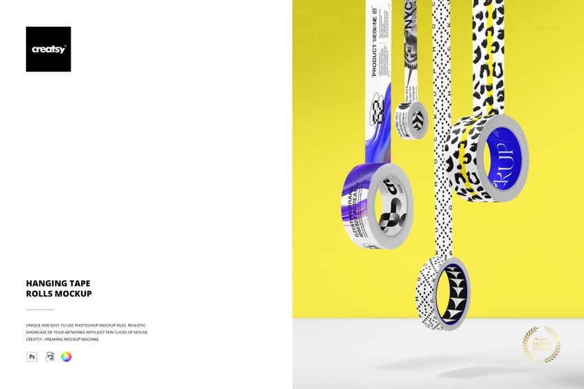 Multiple tape rolls with various bold patterns and colors suspended vertically, shown in a PSD mockup scene.