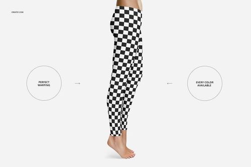 Side view of adult leggings with a black and white checkered pattern on a plain white background, mockup style.