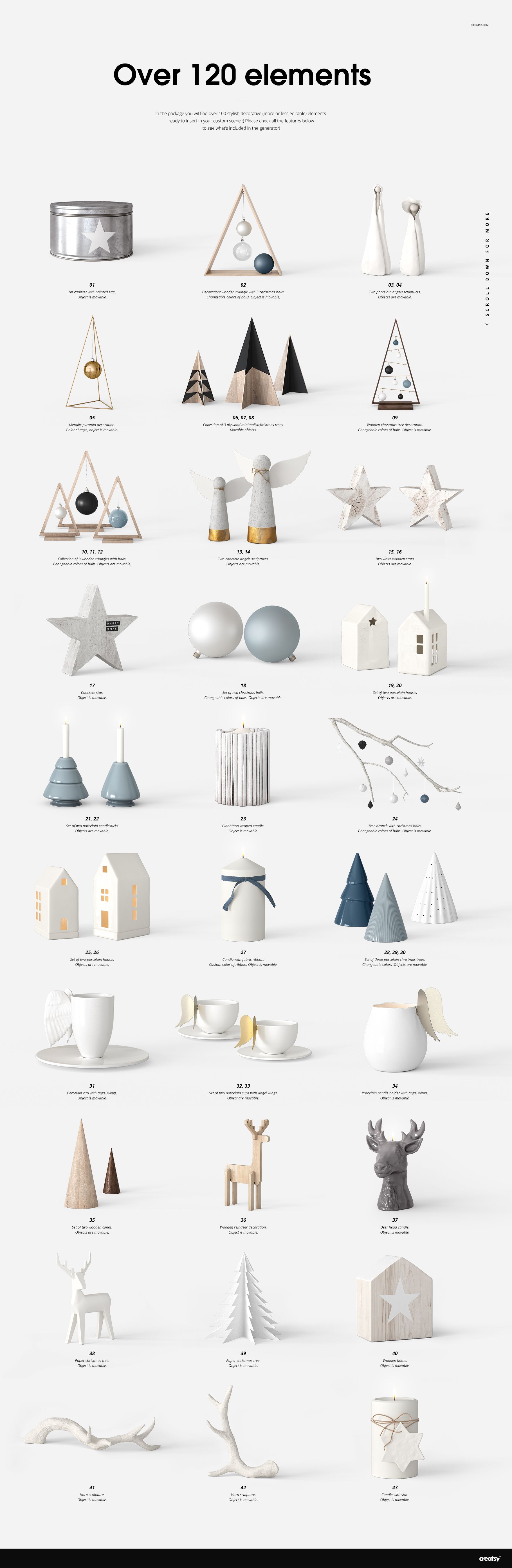 Minimalist Christmas scene creator mockup featuring geometric trees, stars, ornaments, and holiday props in neutral tones.