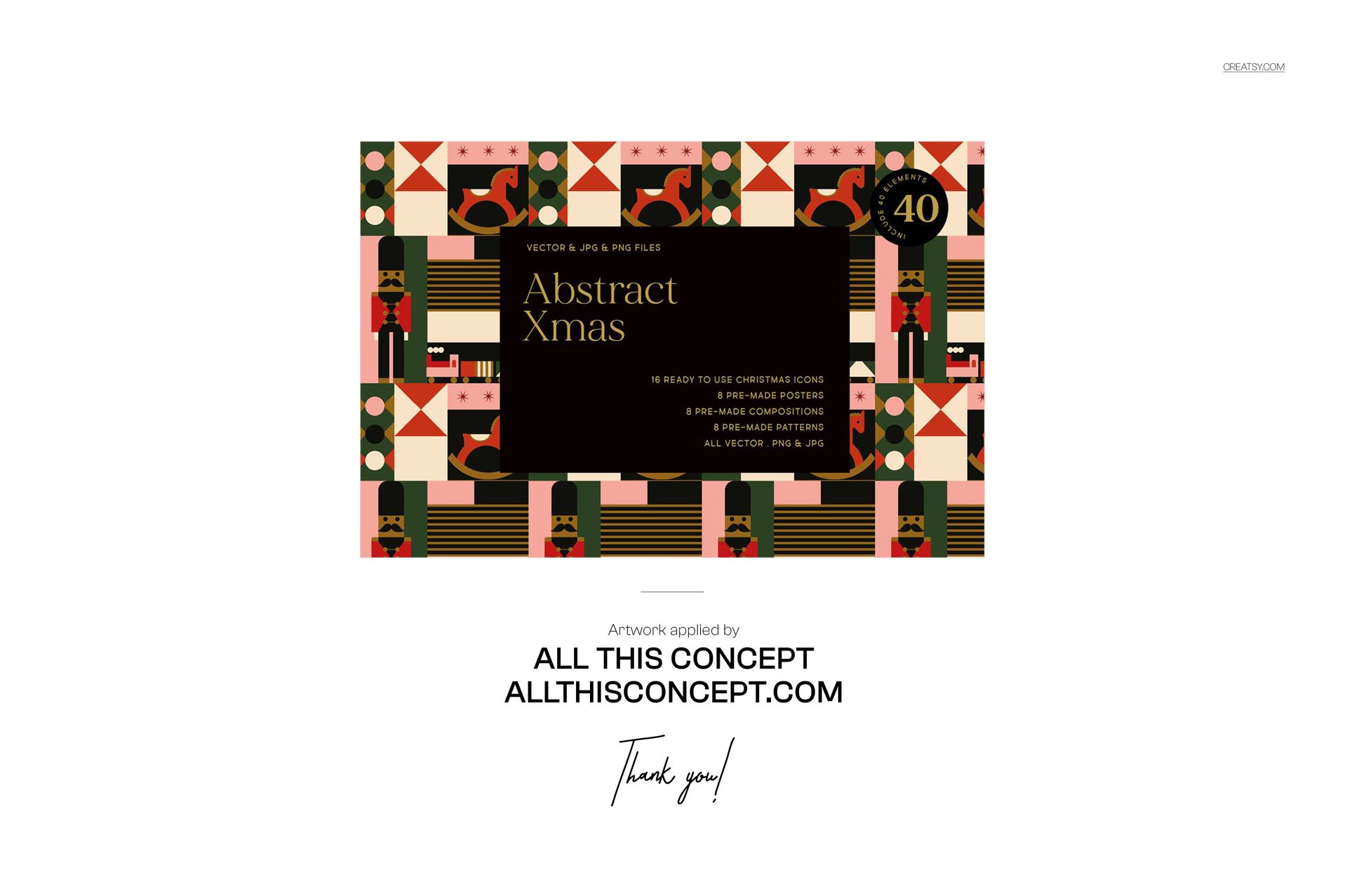 Rectangular Christmas gift wrap mockup with geometric and festive patterns in red, green, and gold tones, front view.