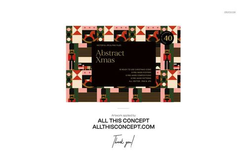 Rectangular Christmas gift wrap mockup with geometric and festive patterns in red, green, and gold tones, front view.