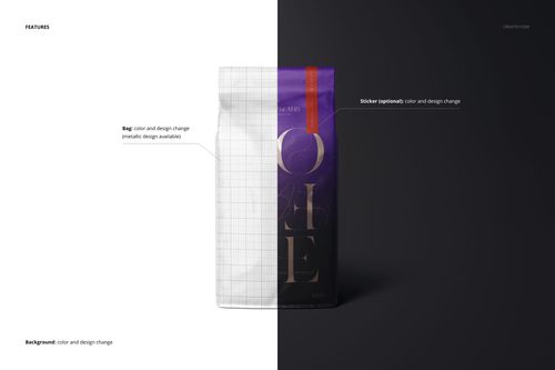 Glossy coffee bag mockup shown with a split design, featuring a grid template on the left and a purple label on the right.