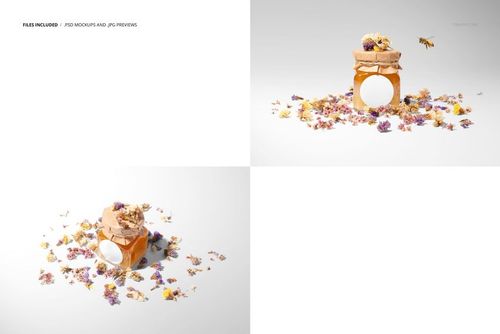 PSD mockup showing a glass honey jar with a brown paper cover, dried flowers around, and a bee in the scene.