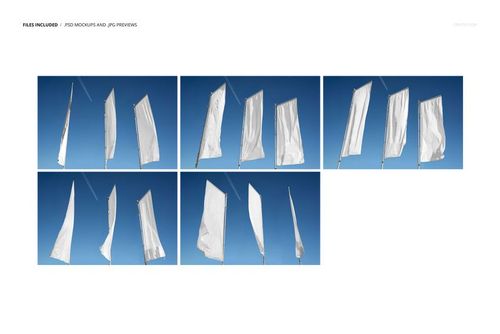 Rectangular flag PSD mockup featuring several white flags in various positions, photographed outdoors in daylight.