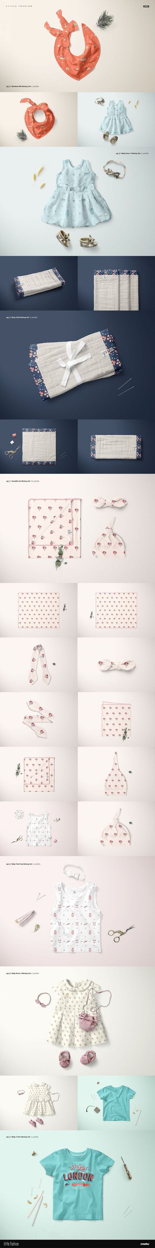 Assorted kids apparel mockups including shirts, dresses, and accessories in pastel colors, shown from top view.