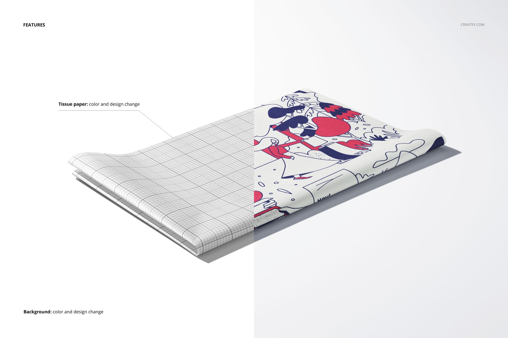 Folded tissue paper mockup shown from an angled top view, half with a grid overlay and half with colorful cartoon graphics.