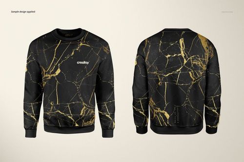 Black sweatshirt mockup set showing both front and back sides, featuring a gold marble design on a light backdrop.