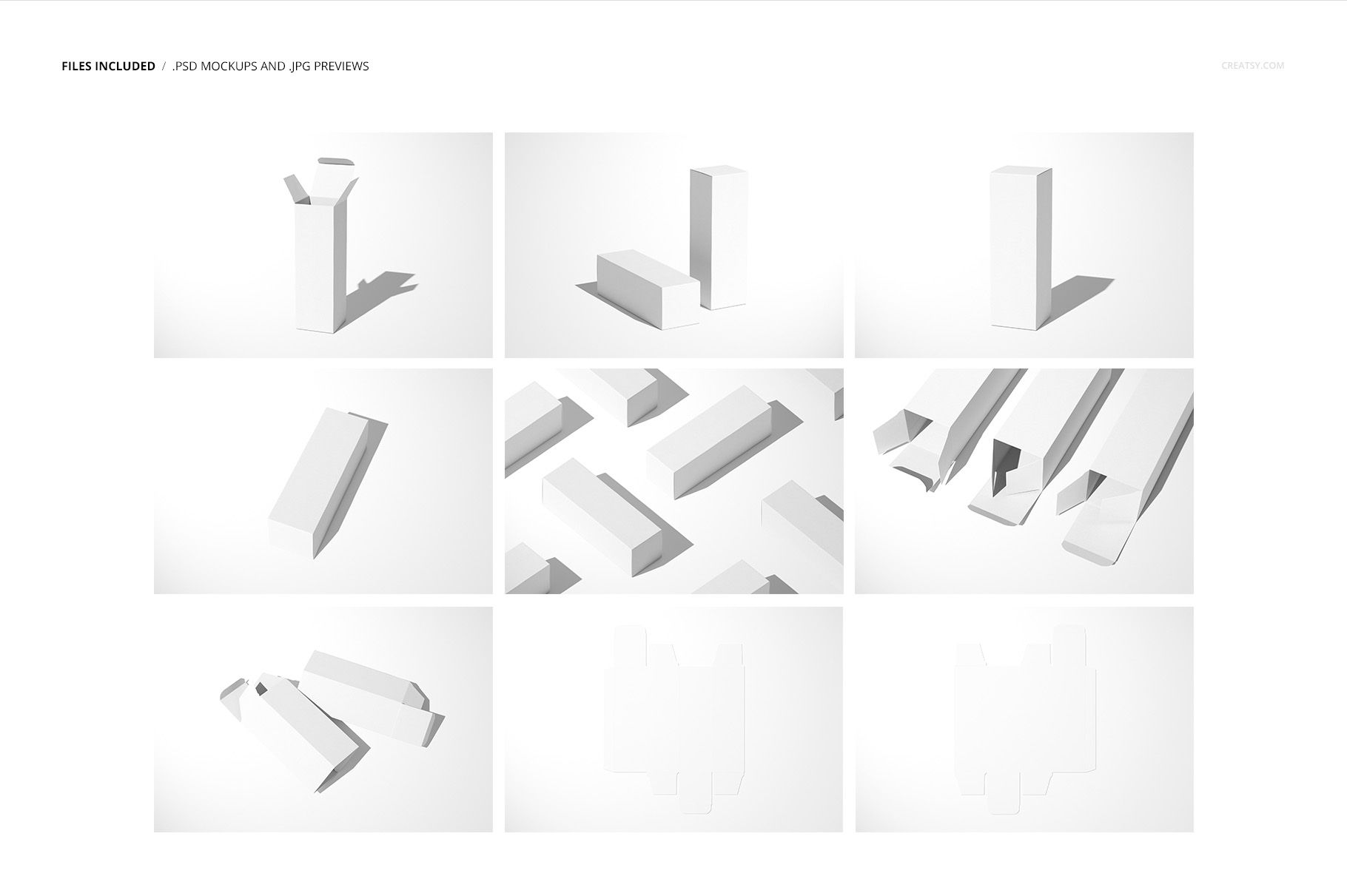 Tall rectangular box mockup set shown in various angles and open and closed positions on a white background.