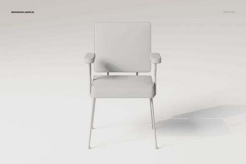 Front view of a modern office chair with a square backrest and seat, armrests, and slim metal legs in a white setting.