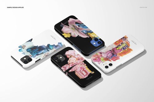 Four iPhone 12 matte snap cases with abstract and floral designs displayed on a white surface in a PSD mockup.