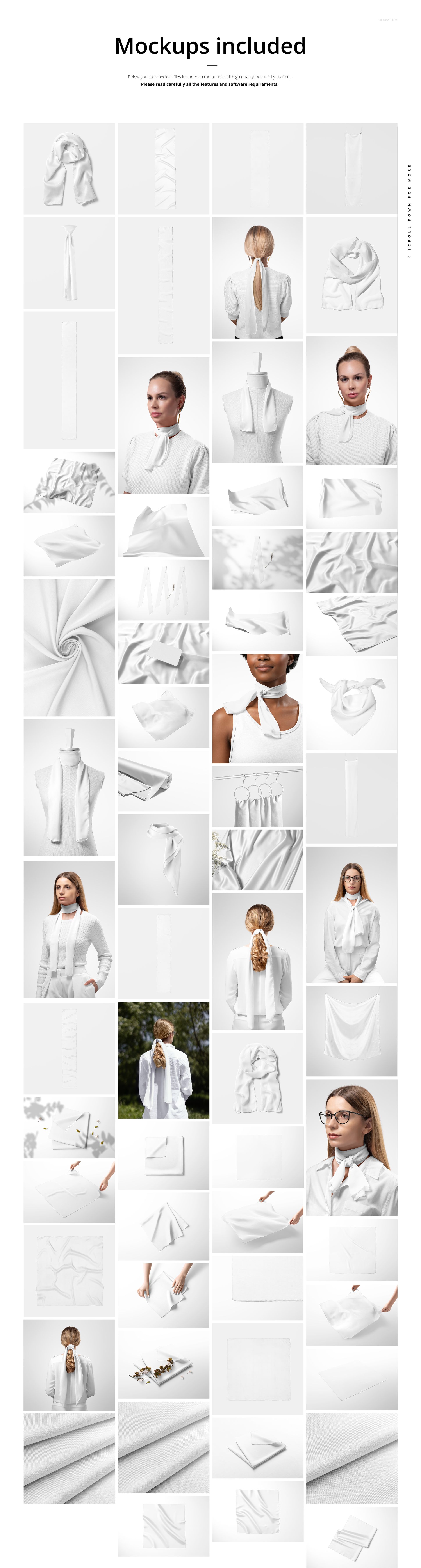 Various fabric mockups displayed in different settings, including folded textiles, garments, and accessories in white tones.