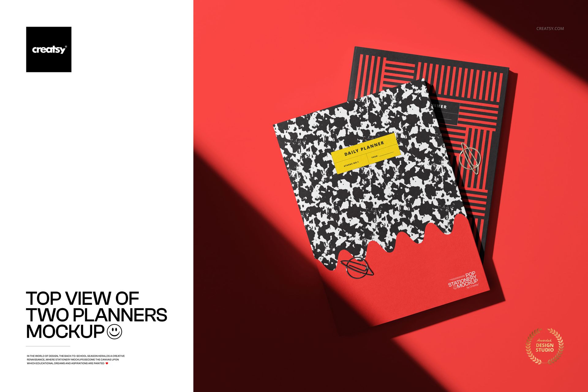 Top view of two stationery planners mockup, featuring contrasting covers in black, white, and red on a red background.