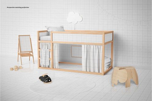 Front view of a children's room mockup with a wooden bed frame, curtain accents, and minimalist furniture.
