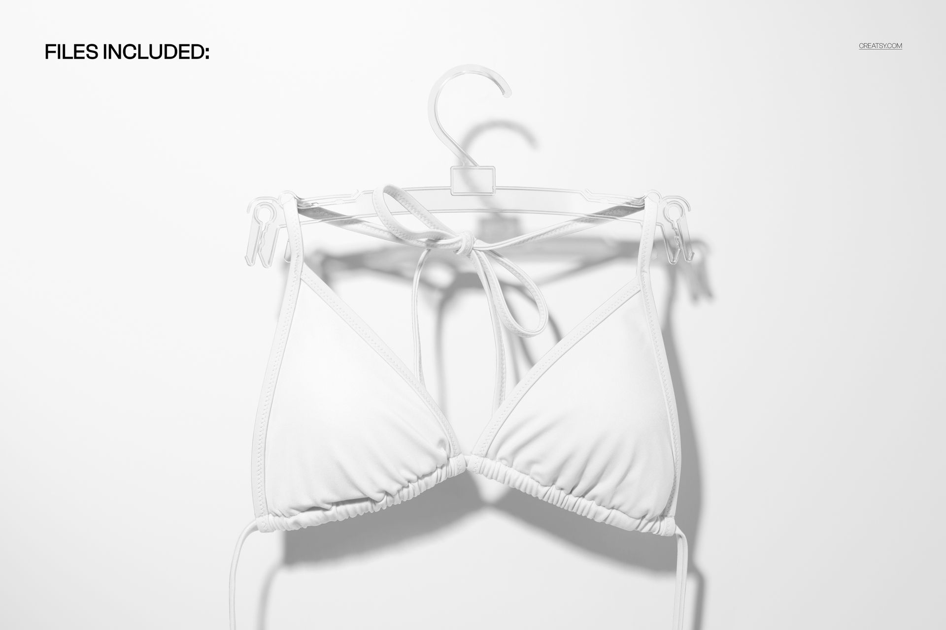 White triangle bikini top displayed on a plastic hanger against a plain white background, front view mockup.