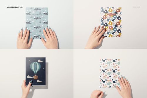Four greeting cards mockup displayed from a top view, each held by women’s hands, featuring colorful designs.
