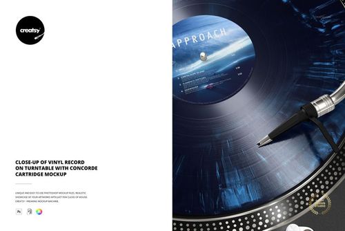 PSD mockup showing a vinyl record on a turntable, Concorde cartridge in focus, with reflections on the glossy surface.