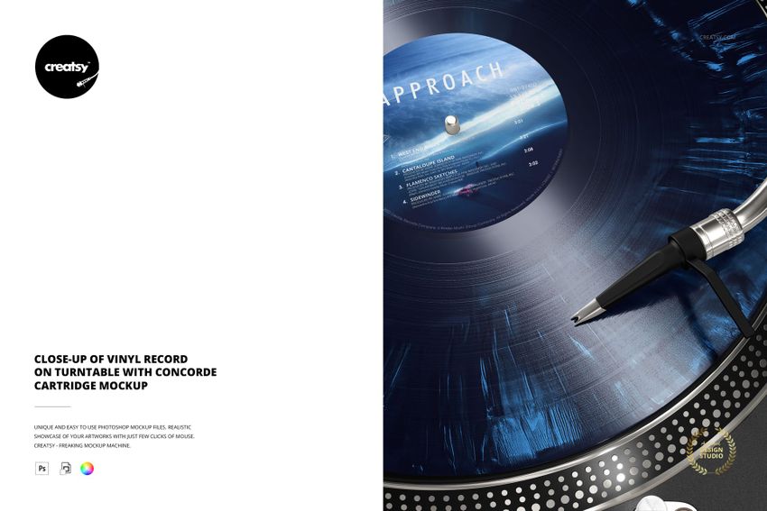 PSD mockup showing a vinyl record on a turntable, Concorde cartridge in focus, with reflections on the glossy surface.