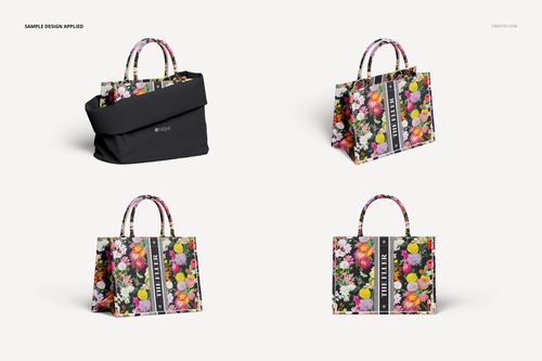 Canvas tote bag mockup set showing four bags with floral patterns, displayed from various front angles on a white background.