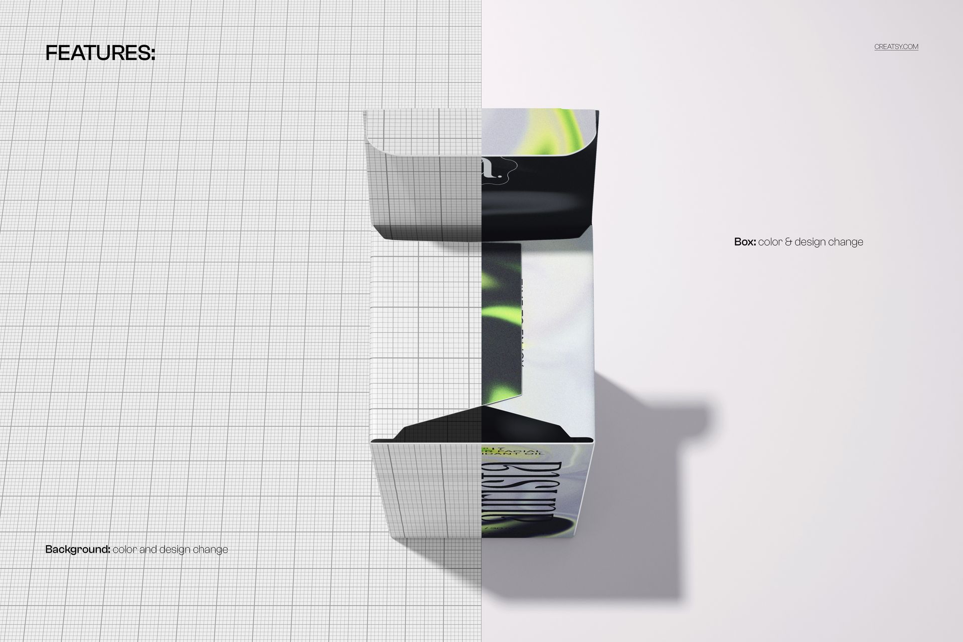 Top view of an open carton box mockup with customizable design, placed on a split grid and plain background.