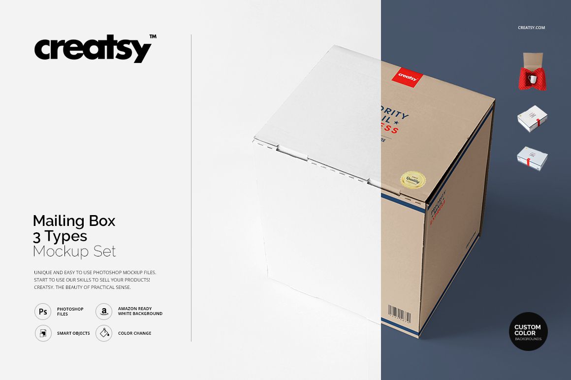 PSD mockup featuring three different mailing box types, including a large box and two smaller boxes, displayed on a blue surface.