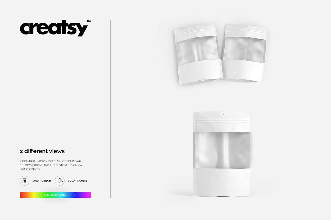 Plastic window bag packaging mockup set shown in three views, featuring white bags with transparent windows on a plain background.