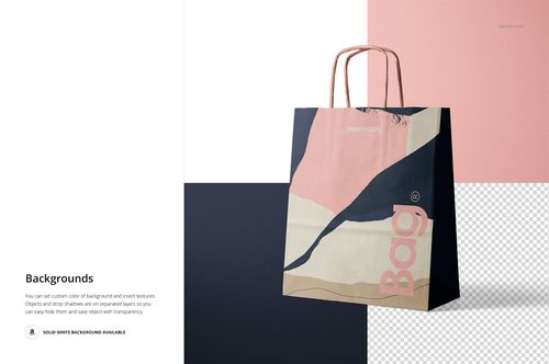 Front view of a mockup paper bag featuring twisted handles and geometric color blocks in navy, blush, and beige.