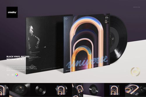 Black vinyl record mockup set featuring a record partially out of its sleeve, with colorful abstract cover art and a jazz musician photo.