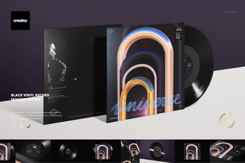 Black vinyl record mockup set featuring a record partially out of its sleeve, with colorful abstract cover art and a jazz musician photo.