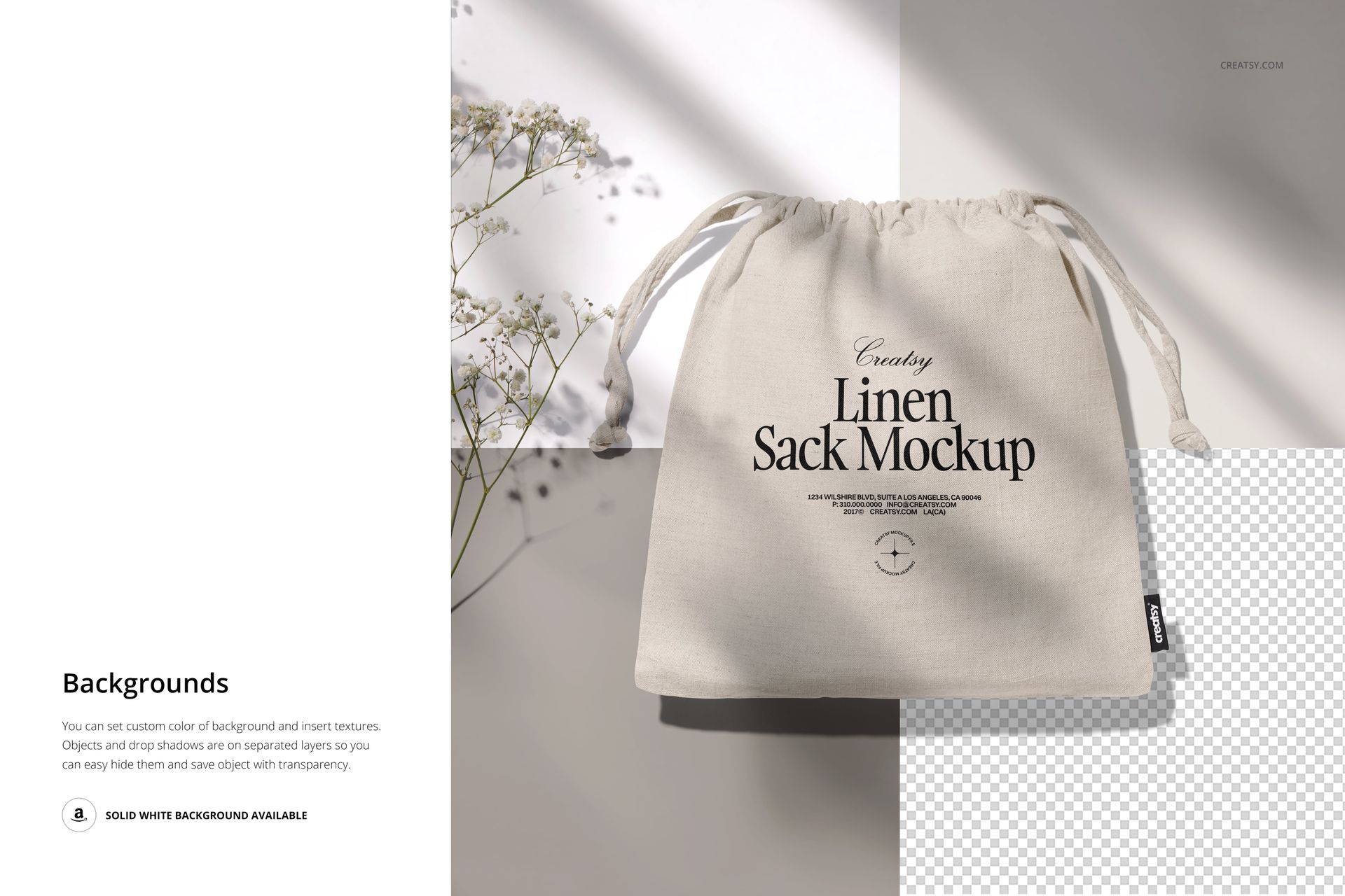 Linen sack mockup shown from above, featuring neutral fabric, drawstring ties, and delicate flower stems nearby.