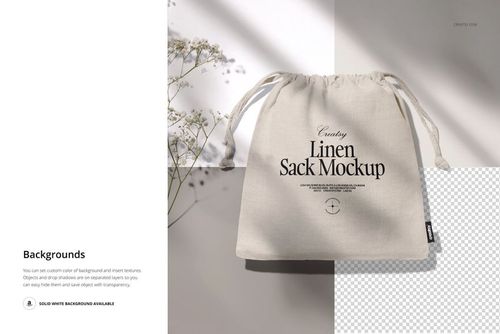 Linen sack mockup shown from above, featuring neutral fabric, drawstring ties, and delicate flower stems nearby.