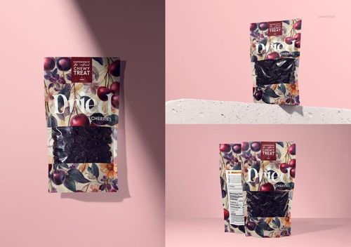 Dried cherries paper pouch mockup displayed with botanical cherry illustrations and clear window, front and side views.