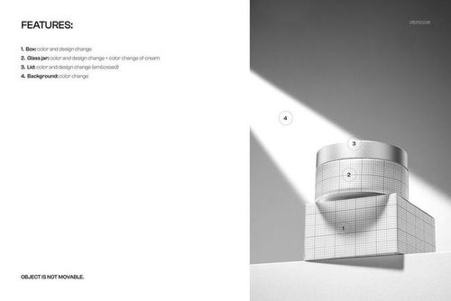 Photorealistic PSD mockup of a round cream jar on a geometric box, featuring strong light and shadow effects.