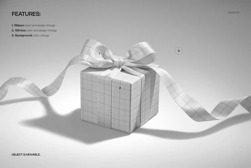 Cube-shaped gift box mockup with a ribbon bow, shown from the front on a plain light background.