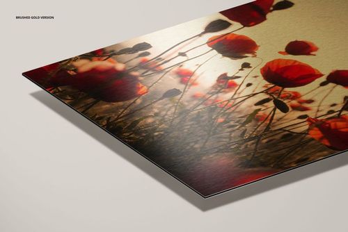 Detailed perspective of a wall art mockup on Dibond aluminum, showing red poppies against a warm background.