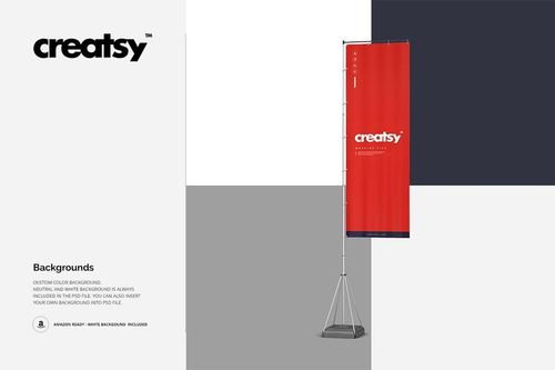 Tall rectangular outdoor flag mockup with a red design, shown on a metal stand against a split gray and white background.