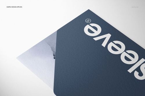 Collateral sleeve mockup featuring a close-up angled view of a textured blue sleeve with bold white text on a white background.