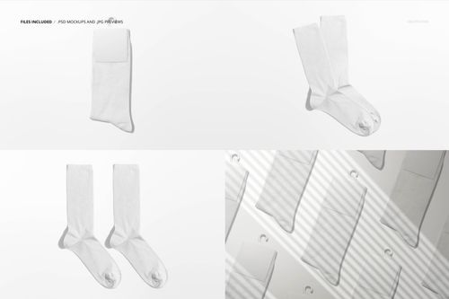 Set of white crew socks displayed in four different mockup scenes, including top and angled views on a light background.