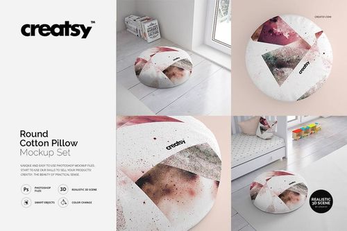 PSD mockup of a round cotton pillow featuring a modern abstract design, displayed in bedroom and living spaces.