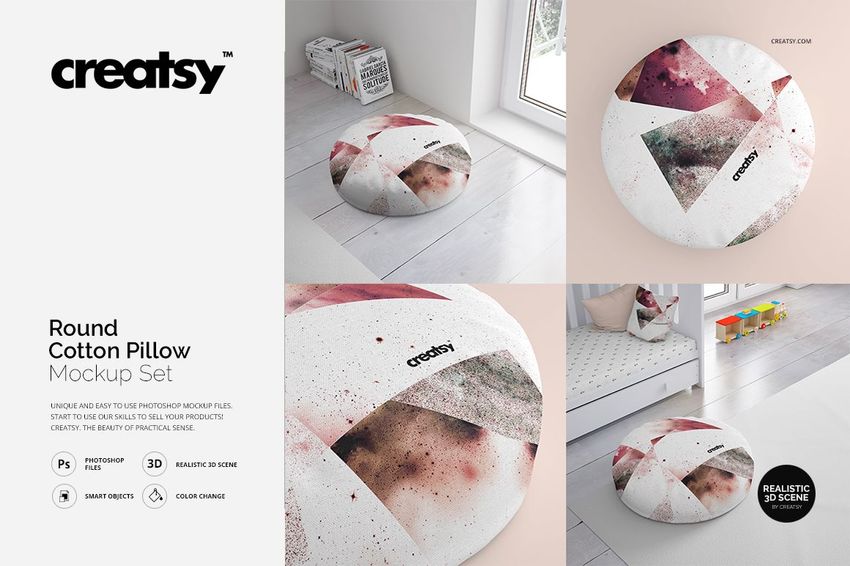 PSD mockup of a round cotton pillow featuring a modern abstract design, displayed in bedroom and living spaces.