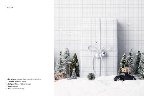 Front view of a wrapped Christmas gift with silver ribbon, surrounded by snowy trees, toy cars, and faux snow in a winter mockup scene.