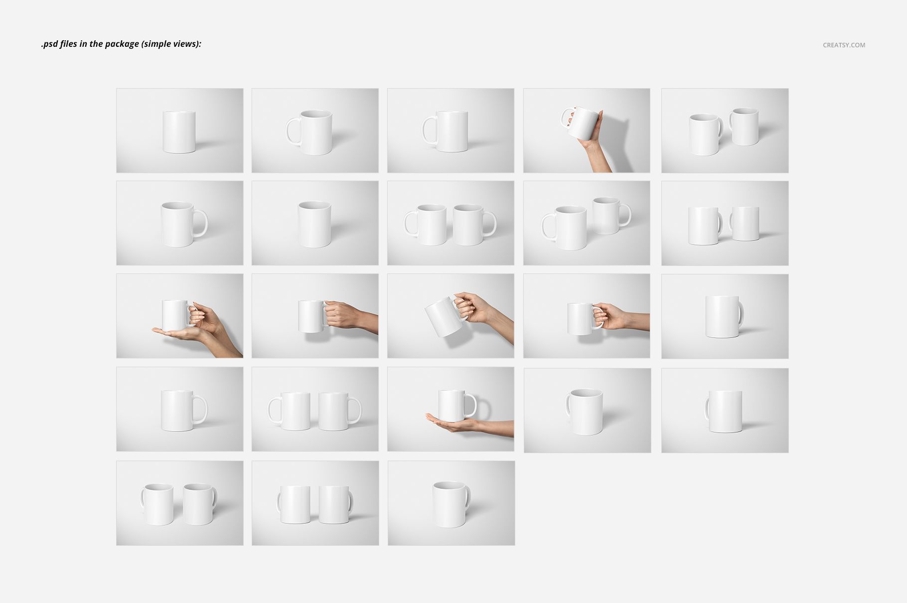 Grid of white 11oz mugs shown from various angles and held by hands, displayed on a plain light background.