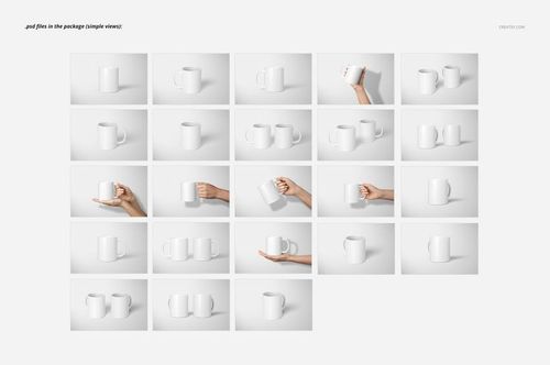 Grid of white 11oz mugs shown from various angles and held by hands, displayed on a plain light background.