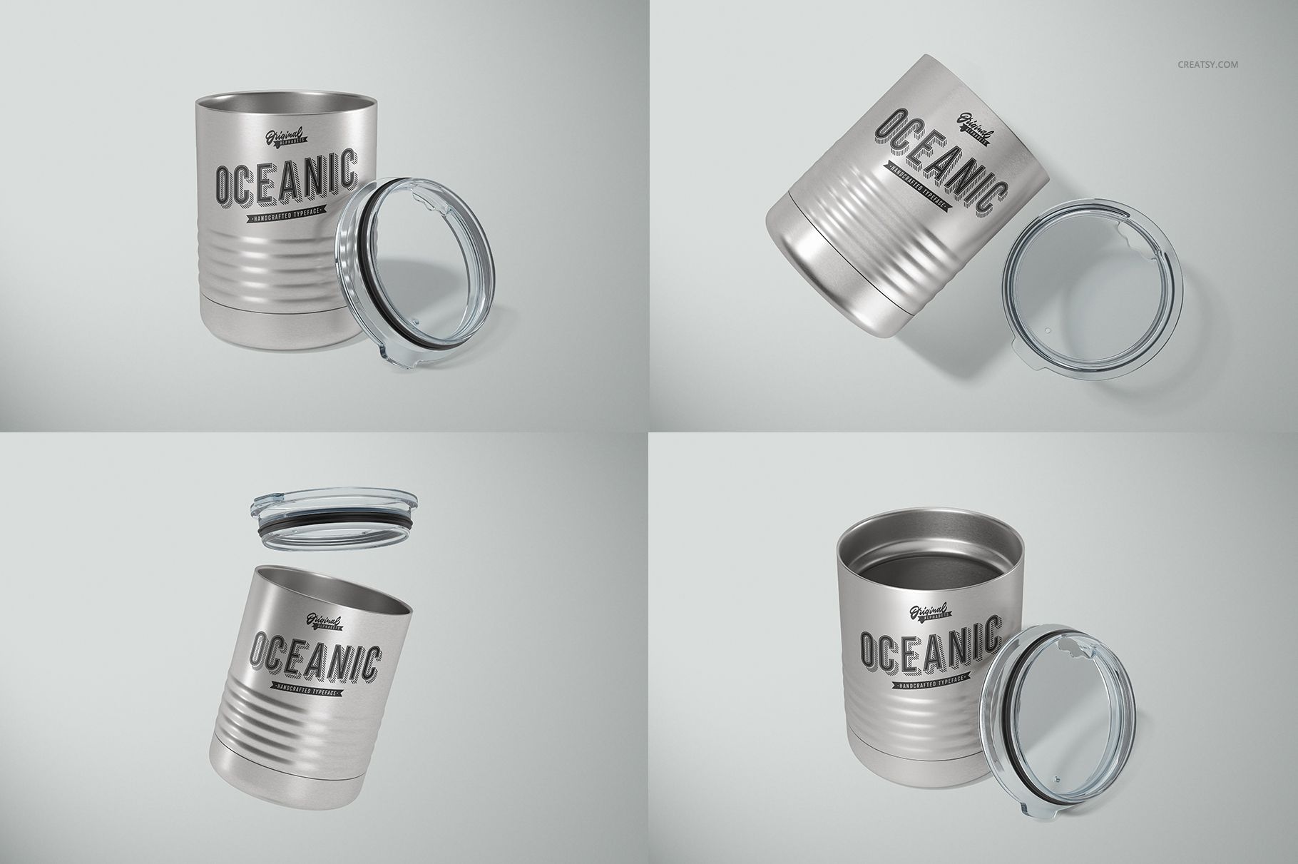 Stainless steel camp coffee mug with clear lid shown in four views, featuring a bold black text design on the front.
